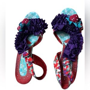 Poétic License Colorful Floral Sandals with Ruffle Details. 2.5” heel
